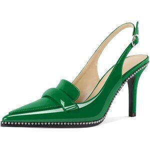 Women Green Stiletto Beaded Shoes Pointed Toe Slip On Loafers Slingback Heel